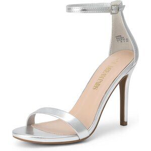 Women's Sliver-Metallic Flower Ankle Strap Stiletto Round Open Toe Stylish Heel